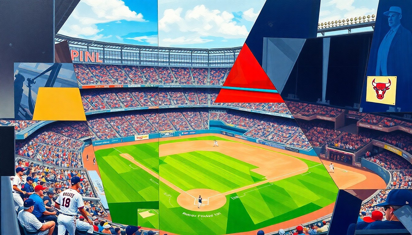 A cubist, geometric painting depicting a baseball game at PNC Field, with the field, players, and stadium environment broken down into sharp, overlapping planes of color.