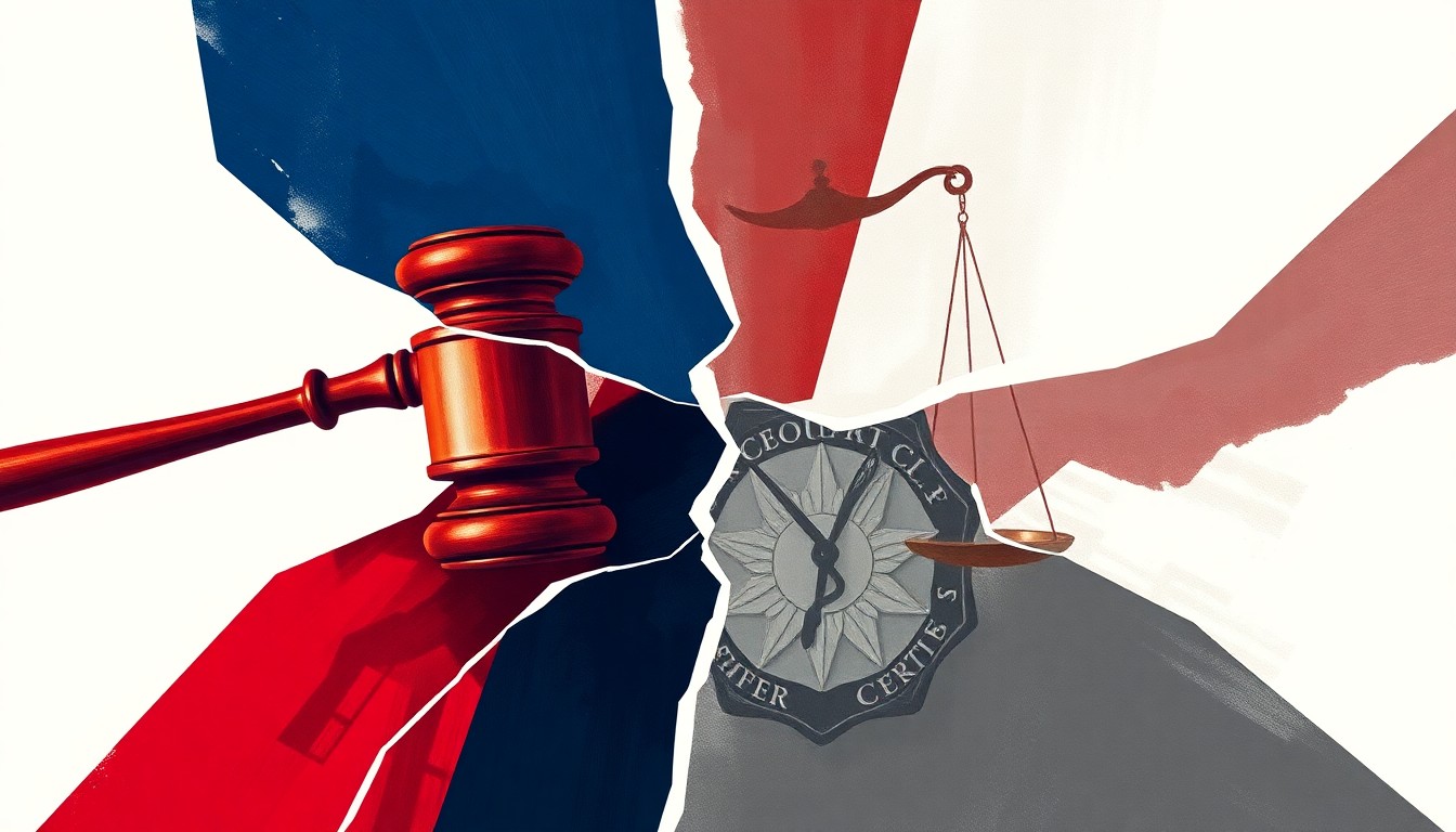 A fractured, abstract painting featuring overlapping geometric shapes and brushstrokes in shades of blue, red, and grey, conceptually representing the tension between law enforcement power and political influence.