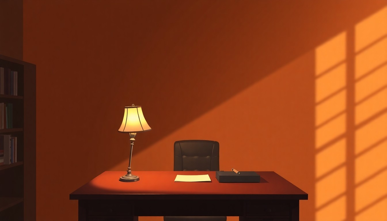 A dimly lit office desk with a single lamp casting warm, diagonal shadows, symbolizing the legal and financial complexities facing the former president.