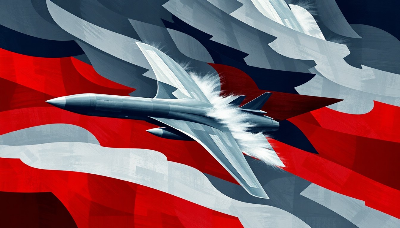 A dynamic, abstract painting featuring overlapping, fragmented shapes in shades of navy, grey, and red, conceptually representing the escalating tensions between the U.S. and Iran.