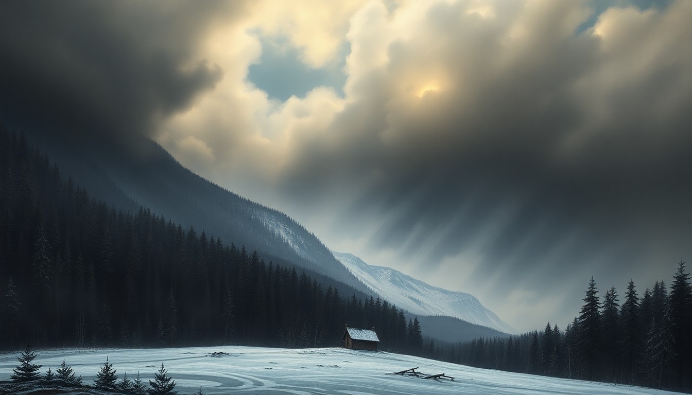 A sweeping, atmospheric landscape painting in the style of Caspar David Friedrich, depicting a remote, snow-covered forest under a heavy, ominous sky. A small, solitary cabin in the foreground is dwarfed by the vast, dramatic perspective, conveying the fragility of human structures against the power of nature.