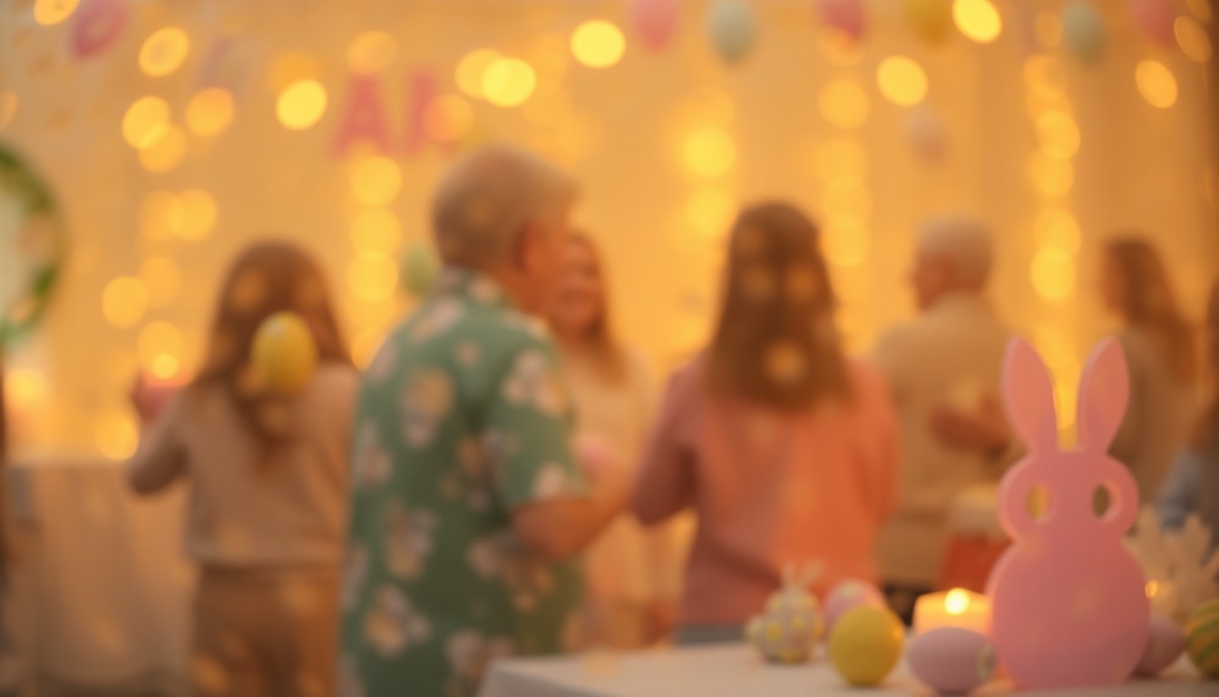 An extremely blurred and abstracted photograph depicting the soft, warm, and hazy atmosphere of a community Easter celebration, with indistinct silhouettes of people and Easter-themed objects like eggs and bunnies.