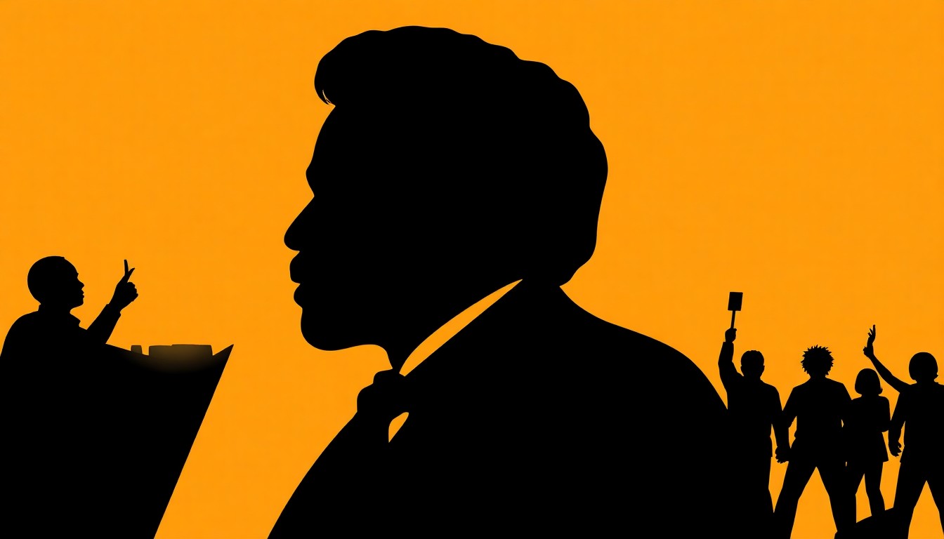 An abstract, minimalist illustration featuring stark black silhouettes and geometric shapes, conceptually representing the powerful ideas and ongoing struggle for civil rights embodied in the life and writings of Frederick Douglass.