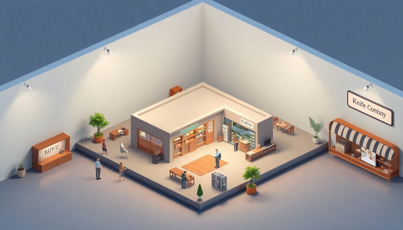 A stylized 3D illustration depicting a miniature knife manufacturing facility surrounded by a coffee shop, retail space, and people, all rendered in a clean, modern aesthetic with bold colors and soft lighting to convey the community-focused nature of Montana Knife Company's expansion.