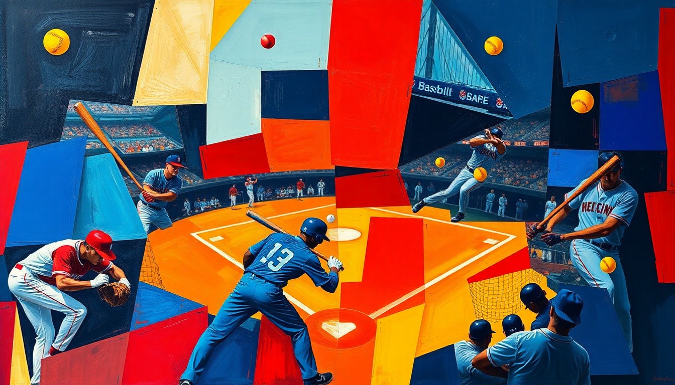 A cubist, geometric painting depicting the chaotic action of a baseball game, with overlapping shapes and planes of players, bats, and baseballs in a vibrant color palette, conceptually representing the competitive nature of the Redbirds-Knights series.