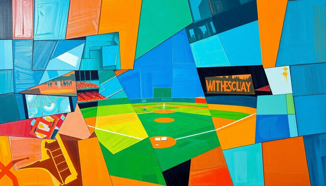 A fragmented, geometric painting in bold colors depicting the dynamic movements and energy of a high school sports competition.