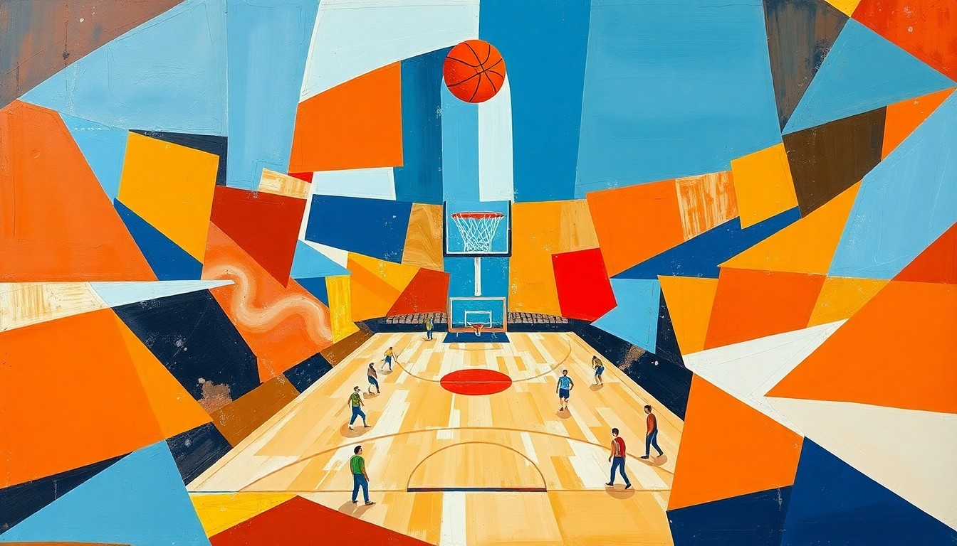 A cubist, fragmented painting depicting a basketball game, with the players and court broken down into sharp, overlapping planes of color.