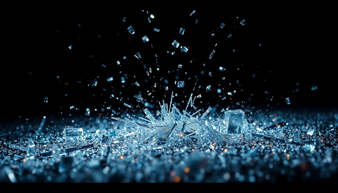 An extreme close-up of shattered, glittering glass fragments reflecting dramatic studio lighting, capturing the gritty, high-energy essence of REZZ's latest electronic music release.