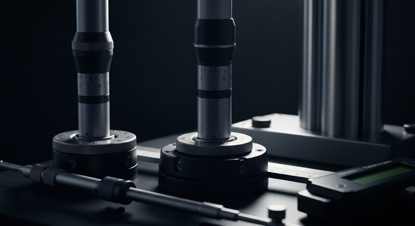 An extreme close-up of various industrial measurement tools and equipment, dramatically lit to convey the importance of precision and accuracy in Transcat's metrology services.