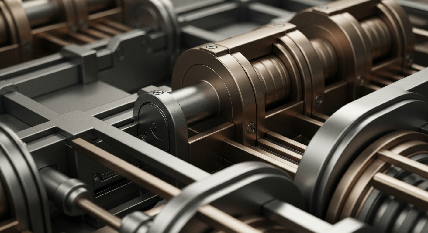 An extreme close-up of various metal gears, levers, and mechanisms that are part of a bank's internal financial systems, conveying a sense of the complex machinery that powers the banking industry.