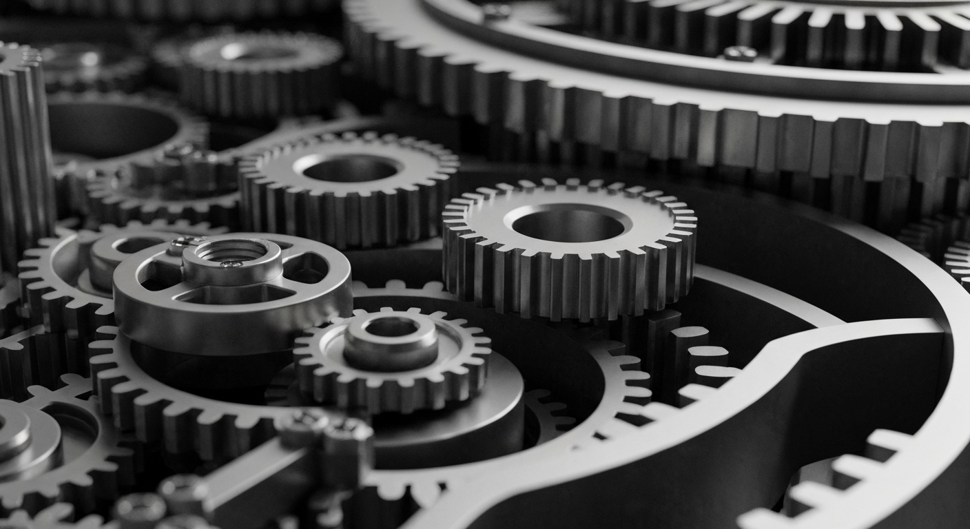 An extreme close-up of a complex, interlocking system of metal gears and machinery, conveying the sophisticated financial infrastructure and institutional power of the biotech industry.