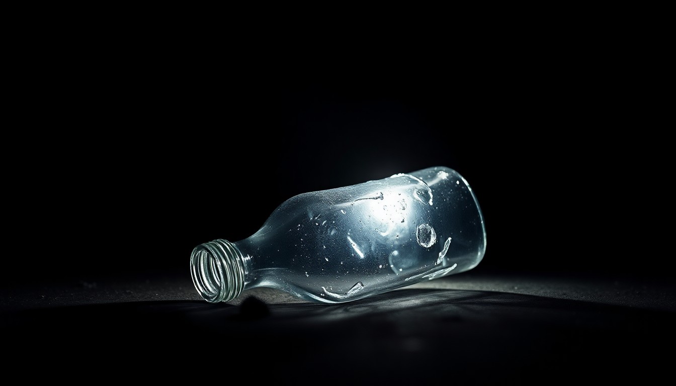 An extreme close-up photograph of a broken glass bottle on the ground, capturing the harsh, gritty aftermath of student violence at a local gas station.