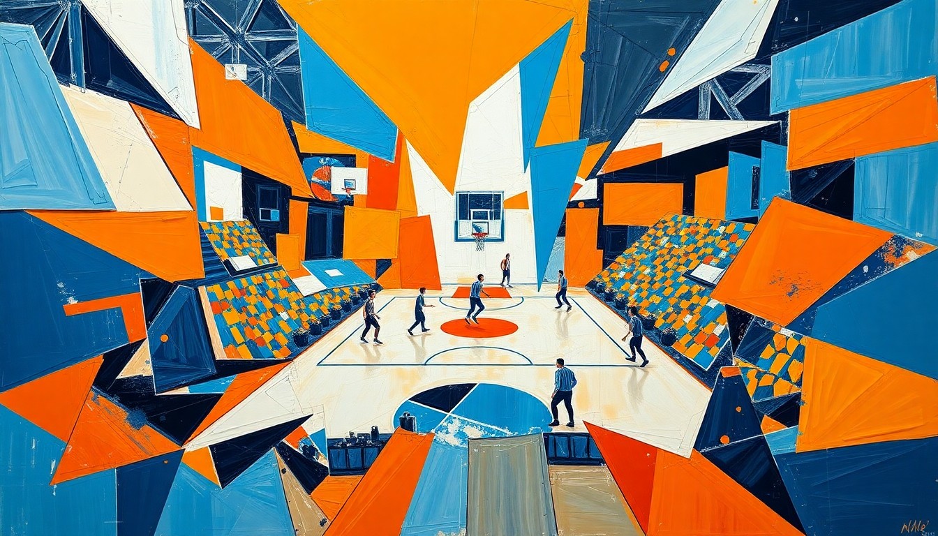 A cubist, geometric painting depicting a basketball game or match, with the players and court broken down into sharp, overlapping planes of orange, blue, and white, capturing the dynamic energy of the sport.