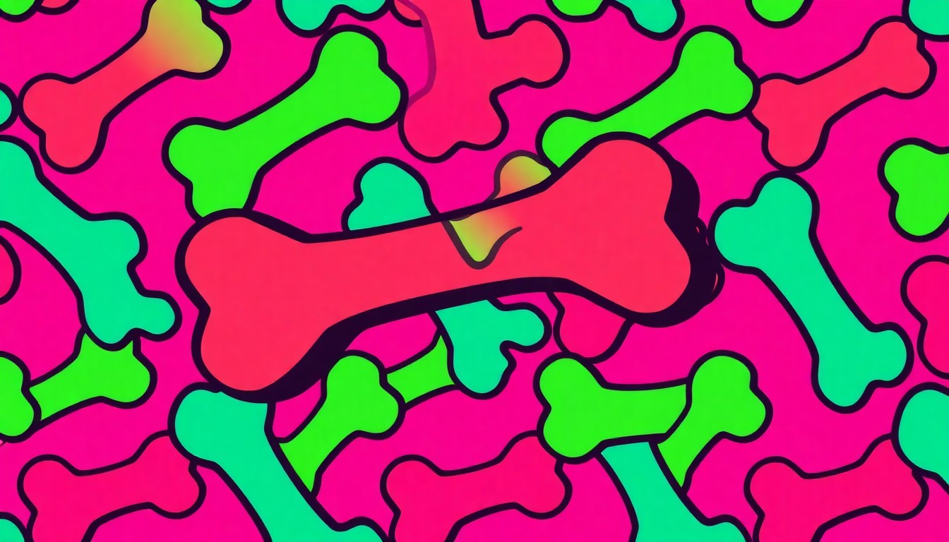 A brightly colored, high-contrast silkscreen print of a dog toy or chew bone repeated in a tight grid pattern, conceptually representing the community's celebration of the volunteer animal rescue group's impact.