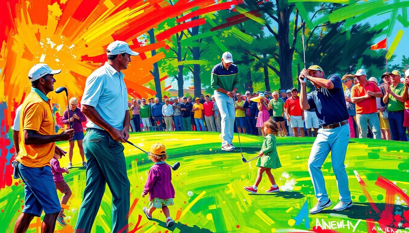 A dynamic, colorful painting featuring golfers and children playing together on the Par-3 course at Augusta National, with the vibrant energy of the event captured through expressive brushstrokes and neon hues.