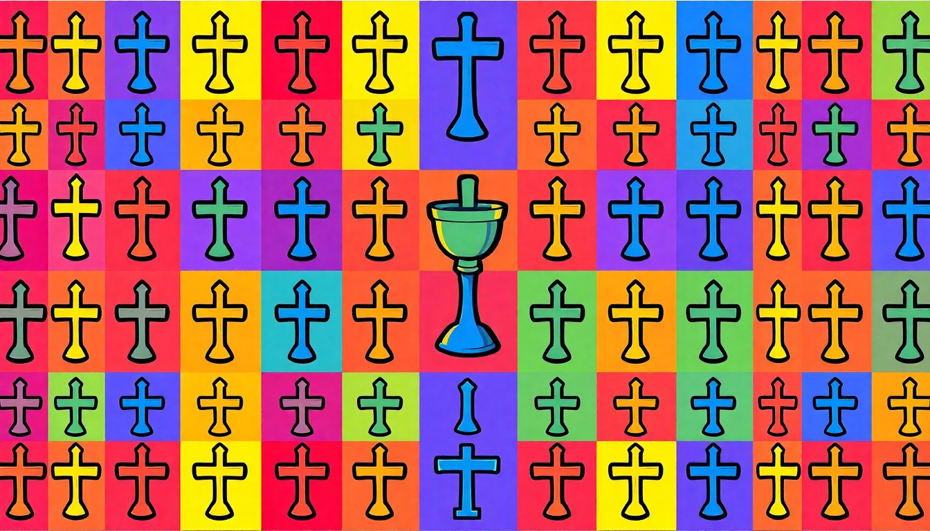 A vibrant, high-contrast silkscreen print of a communion cup repeated in a grid pattern, conceptually representing the sacred symbols and themes central to the Messiah production.