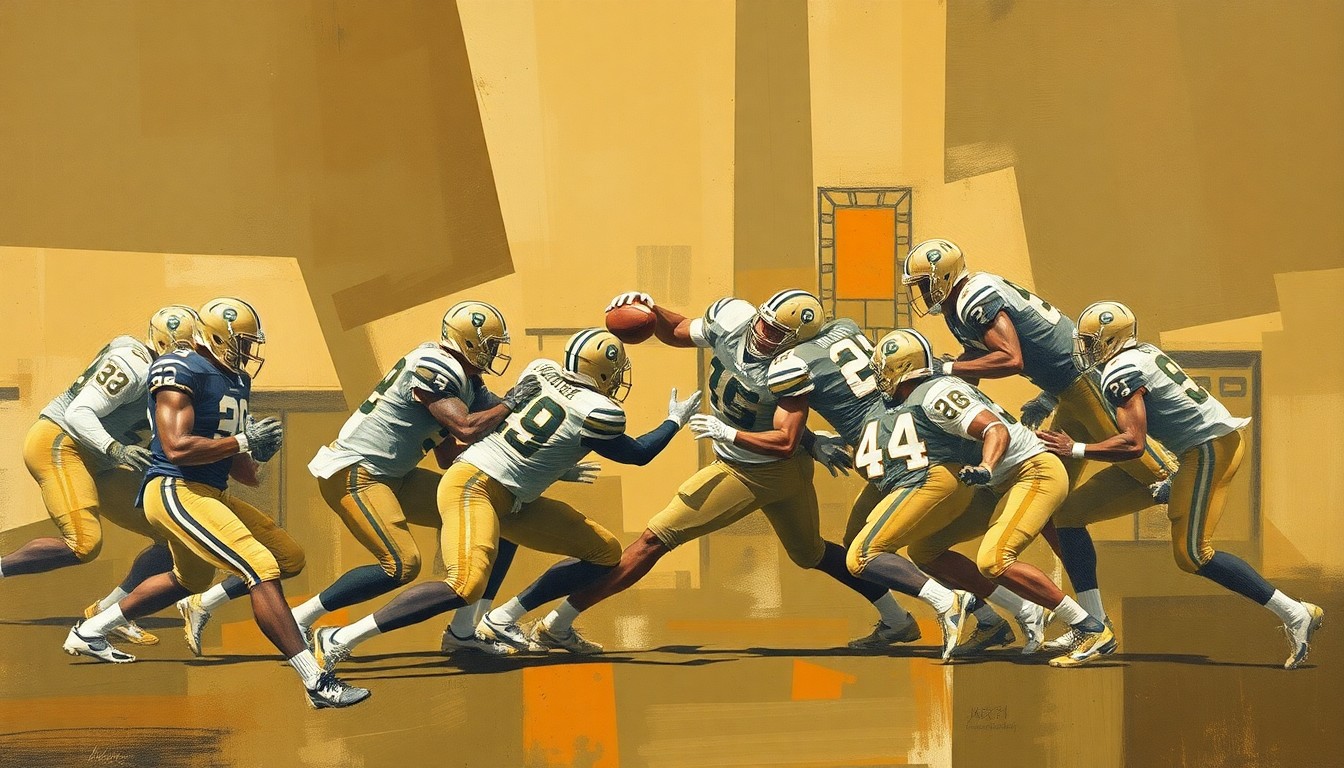 A fragmented, cubist-style painting depicting the chaotic action of a college football defensive play, with sharp geometric shapes in muted earth tones representing the players and movement on the field.