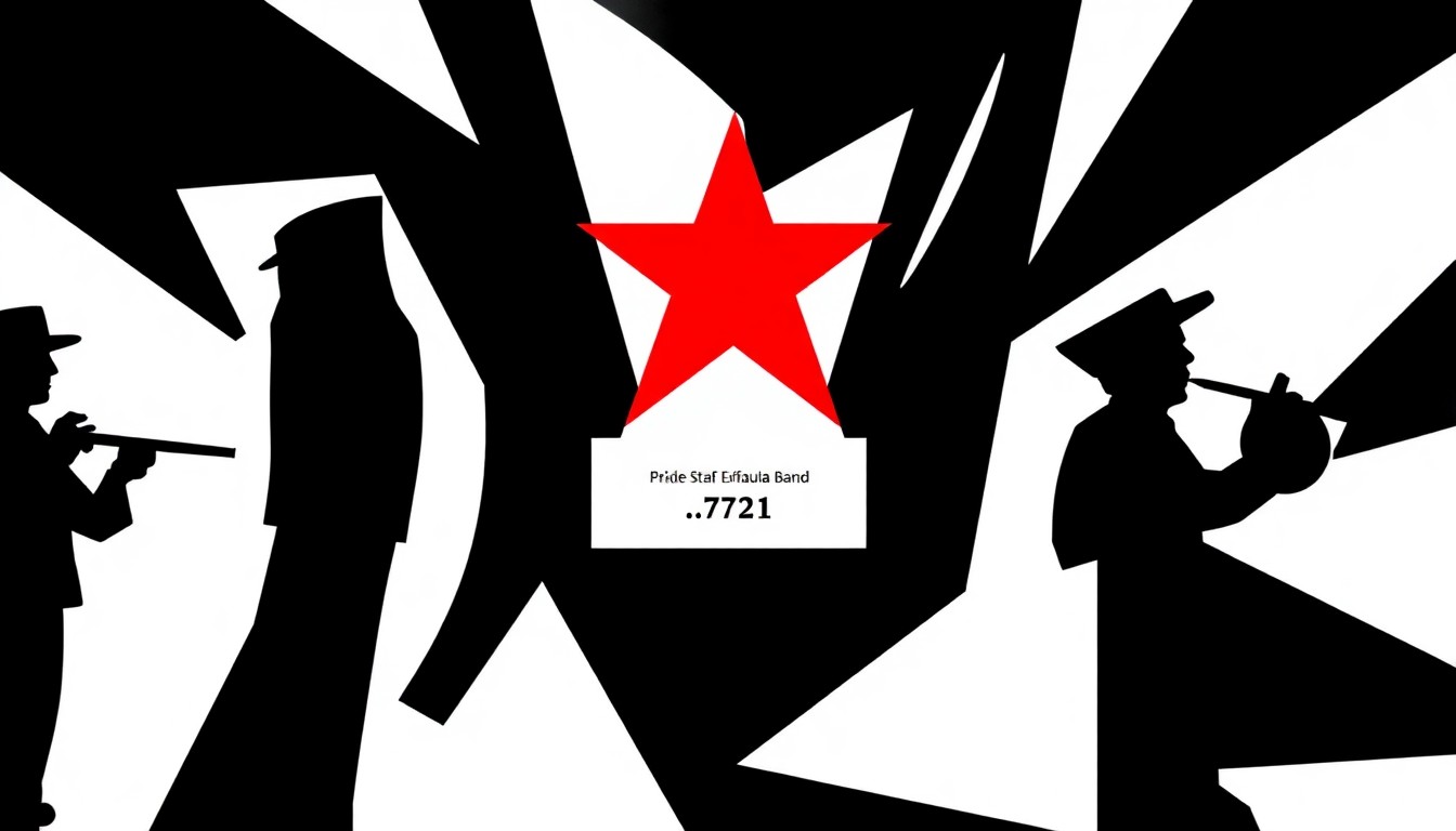 A bold, abstract composition of stark, jagged geometric shapes and heavy black silhouettes in high-contrast red and white, conceptually representing the Pride of Eufaula band's accomplishment.