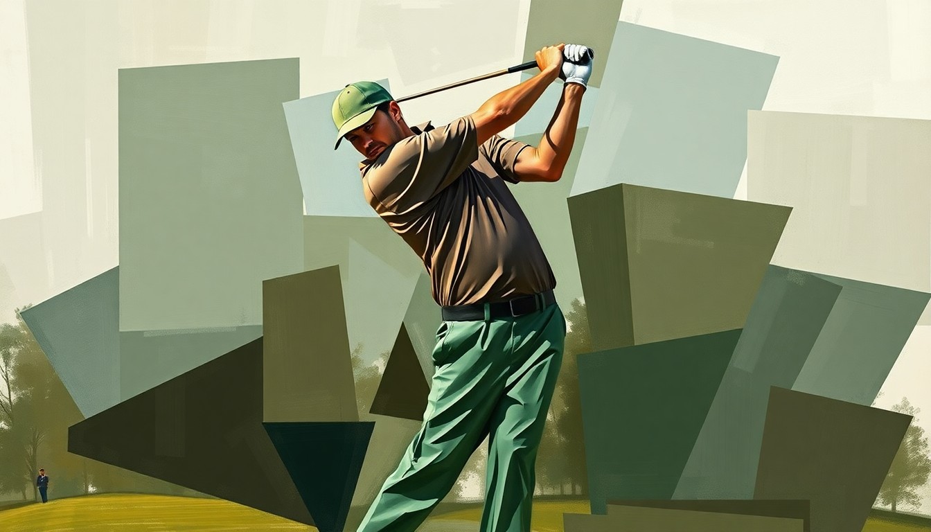 A cubist, geometric painting depicting a golfer in mid-swing, their form broken down into overlapping planes of deep greens, browns, and grays, conveying the fractured, rule-bound atmosphere of the Masters tournament.