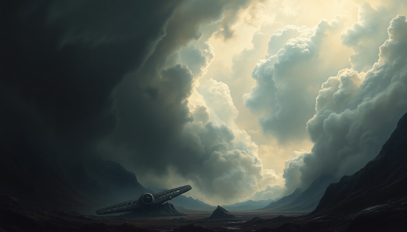 A sweeping, atmospheric landscape painting in muted tones of gray, blue, and brown, with a small, obscured plane wreckage barely visible amidst the dramatic, swirling clouds and turbulent weather conditions.