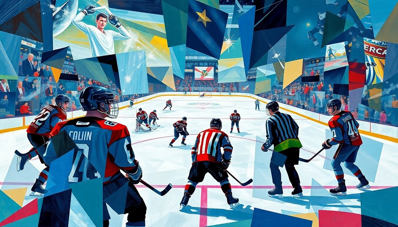 A cubist, geometric painting depicting a fragmented hockey scene, with players and coaches represented as abstracted, overlapping shapes and planes in a dynamic, colorful composition.