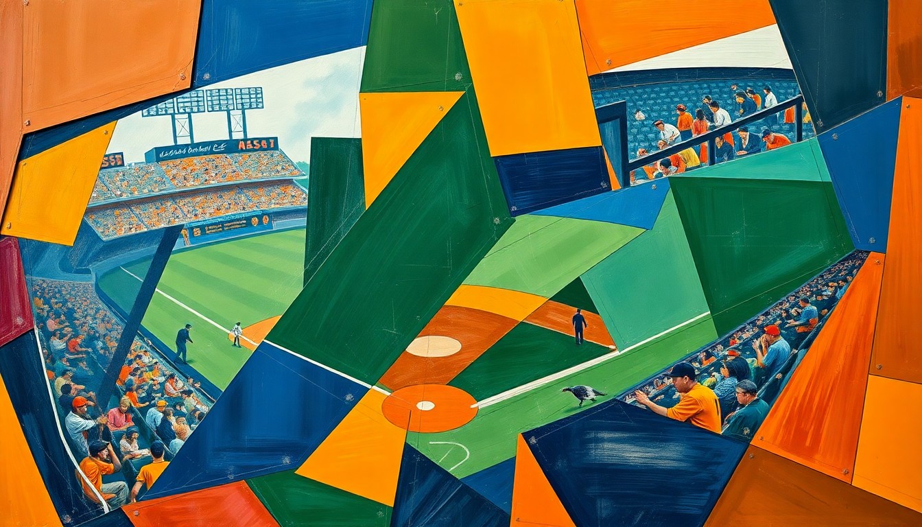 A fractured, cubist-style painting depicting a baseball game, with sharp geometric shapes in navy blue, forest green, and burnt orange overlapping to create a dynamic, multi-perspective scene.