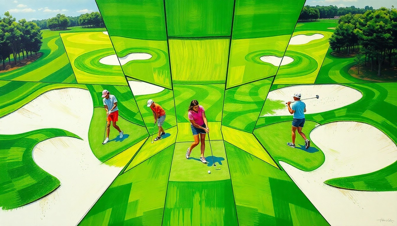 A cubist, geometric painting depicting a fragmented scene of a girls' high school golf match, with overlapping planes of green fairways, white sand traps, and colorful player uniforms, conveying the competitive energy and determination of the sport.