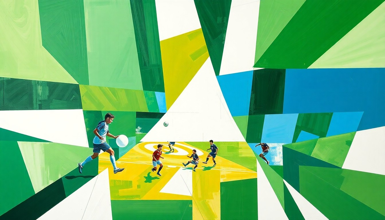 A fragmented, cubist-style painting depicting a high school soccer match, with the players and field broken down into angular, overlapping geometric shapes in shades of green, white, and blue.