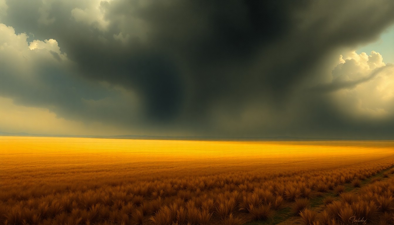 A vast, atmospheric landscape painting in muted earth tones, with a parched golden field dwarfed by an ominous, hazy sky, conveying the sublime power of impending extreme weather conditions.