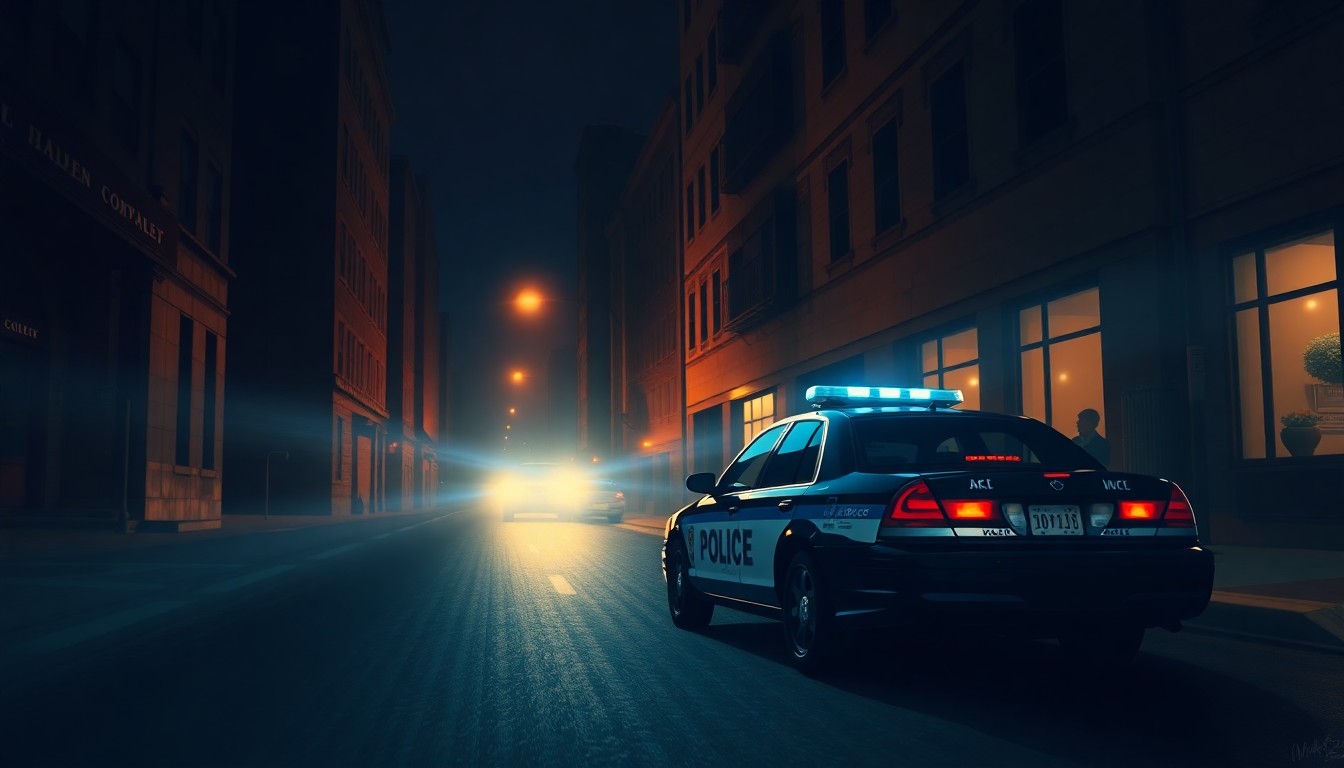 A serene, cinematic painting depicting a lone police car parked on a dimly lit city street, with warm sunlight and deep shadows creating a contemplative, nostalgic mood that reflects the complex issues surrounding the city's pay raise debate.