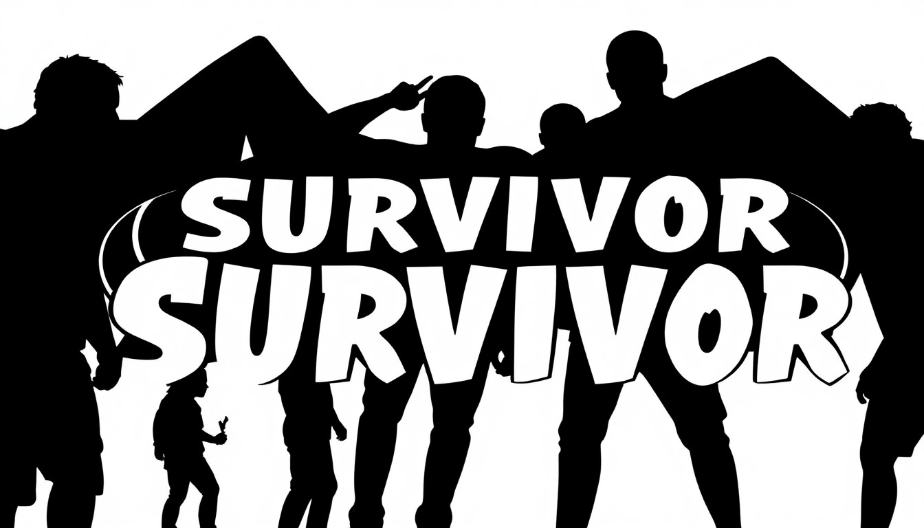 A striking black and white illustration featuring abstract, geometric shapes and silhouettes, conveying the dramatic intensity of the 'Survivor' reality TV competition.