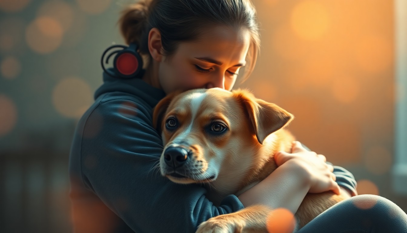 An extremely abstracted, out-of-focus photograph of a person cuddling a dog, with soft pools of warm light and color surrounding the pair, conveying the emotional bond between humans and rescue animals.