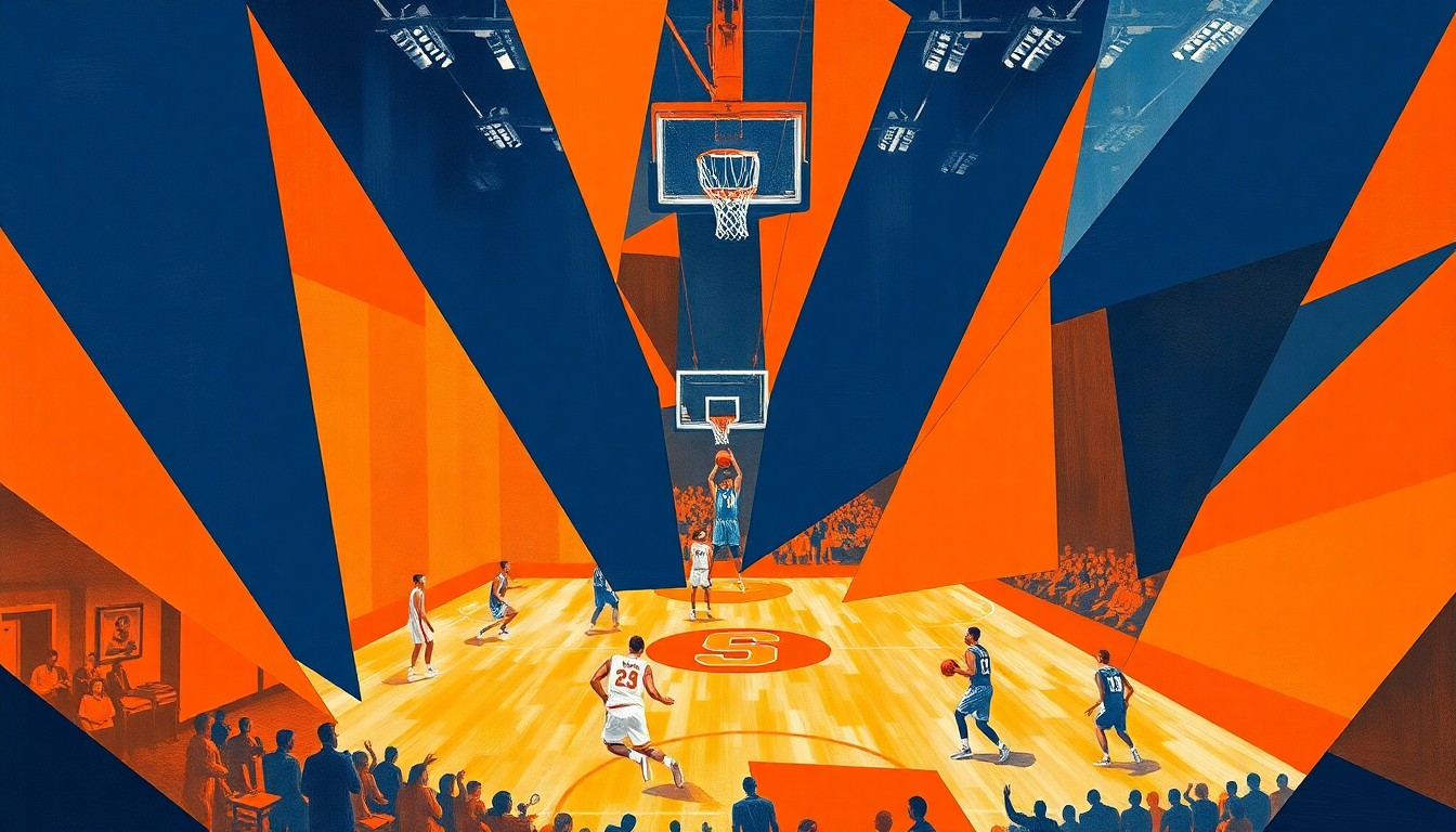 A cubist, geometric painting featuring overlapping planes of orange and blue, representing the dynamic energy of a basketball game or match.