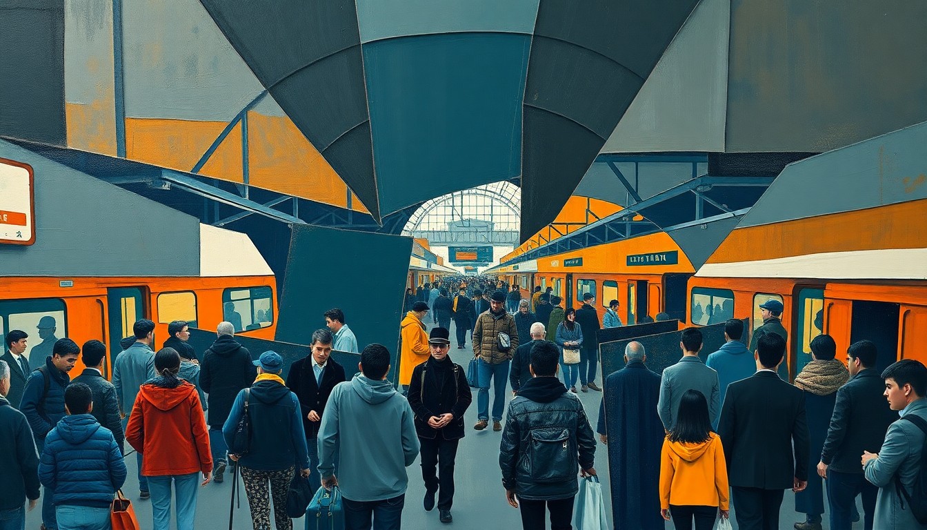 A cubist, geometric painting depicting the chaotic scene of a crowded train station, with fragmented perspectives and overlapping shapes in shades of blue, grey, and orange, conveying the complexity of managing transportation for a major sporting event.