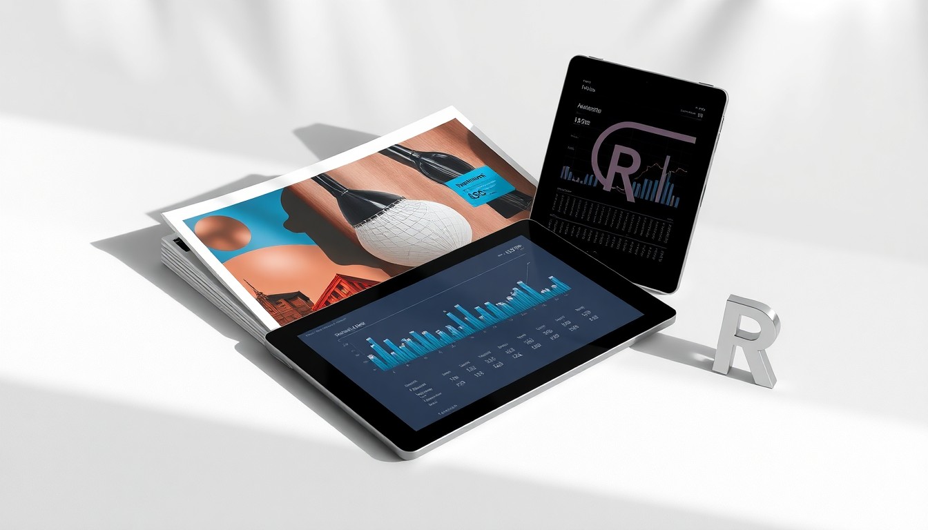 A high-end, photorealistic studio still-life photograph featuring a stack of glossy retail media reports, a tablet displaying retail analytics data, and a sleek, metallic retail media network logo, all arranged elegantly on a clean, white seamless background with sharp, dramatic studio lighting and deep shadows.
