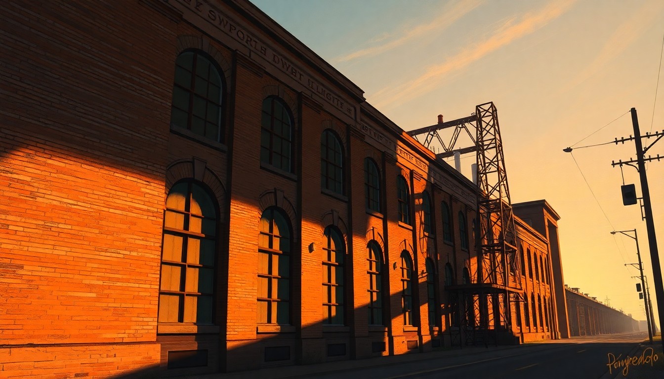 A photorealistic painting of an old industrial building with tall chimneys, brick walls, and large windows, bathed in warm, golden light and deep shadows, capturing the nostalgic atmosphere of the structure's industrial past.