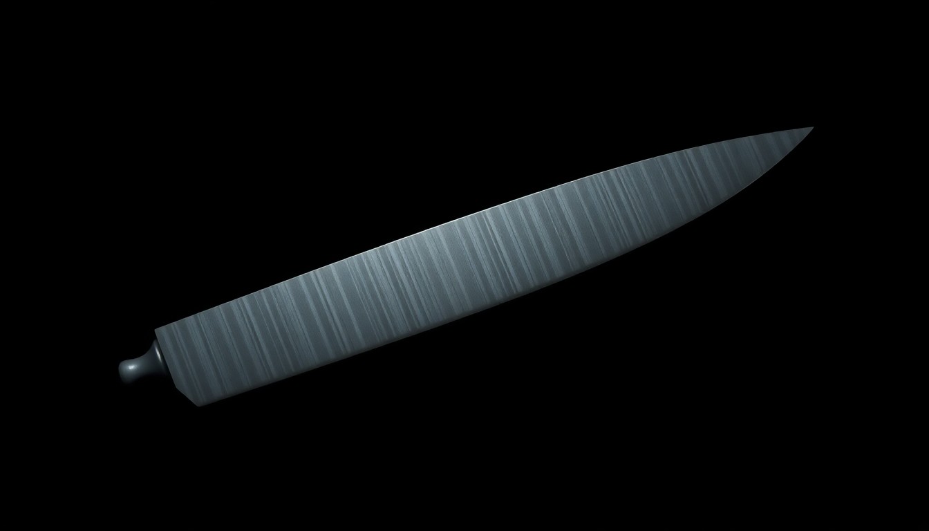 An extreme close-up of a knife blade against a pitch-black background, capturing the stark, investigative aesthetic of the crime scene.