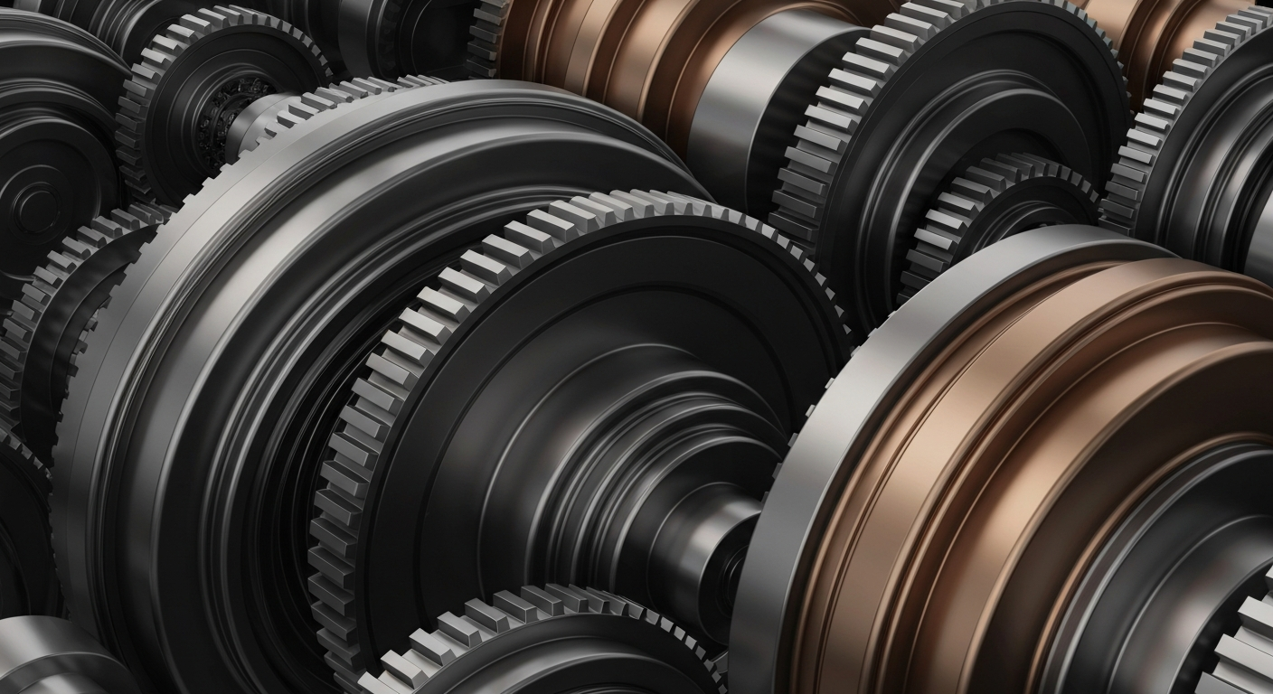 An extreme close-up of heavy, textured industrial machinery in shades of grey, bronze, and black, conceptually representing the secure, powerful systems of global finance.