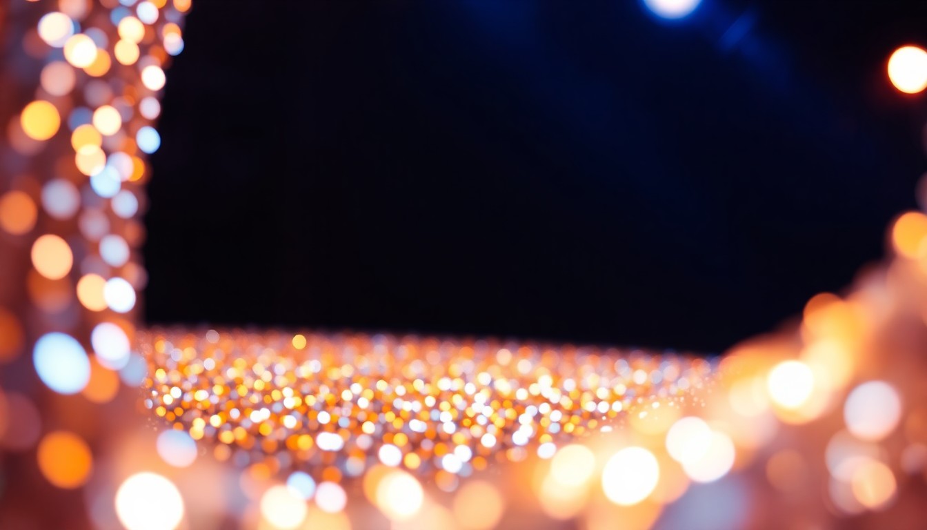 An abstract close-up image of shimmering, glittering sequins captured in dramatic, high-contrast studio lighting, evoking the glamour and energy of a rock band's live performance.