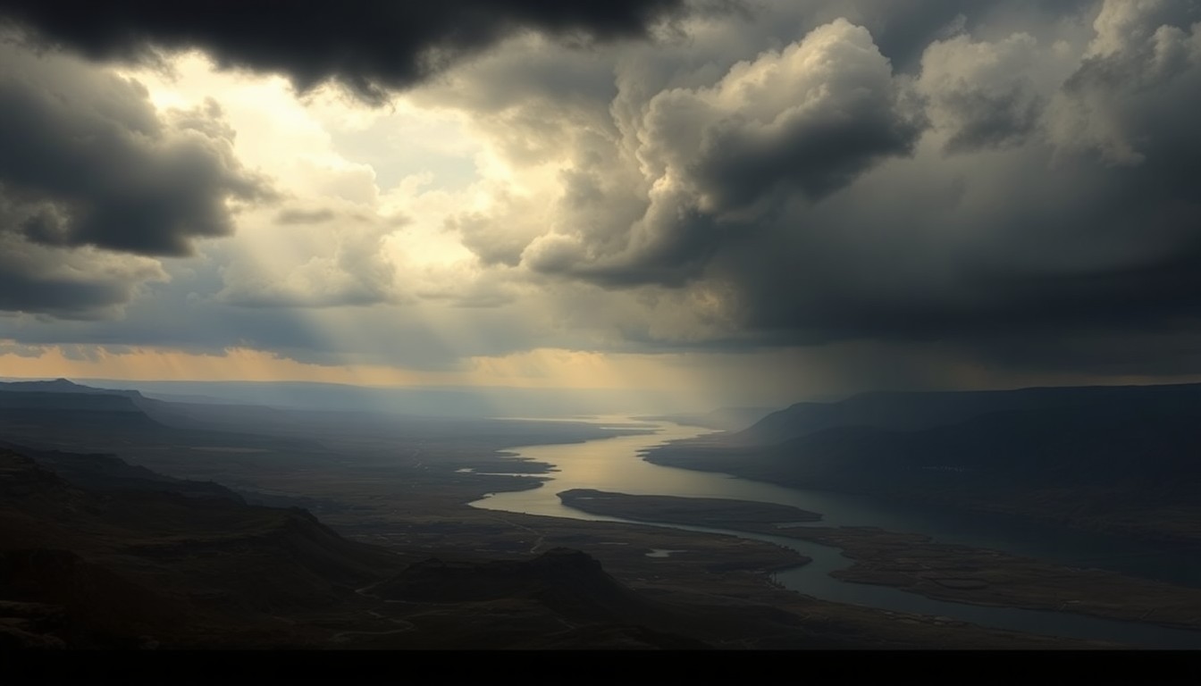 A vast, majestic landscape painting in muted tones of grey, blue, and green, with the Missouri River winding through a desolate terrain under a heavy, ominous sky. The scene conveys the overwhelming scale and power of the natural environment, dwarfing any human presence or activity.