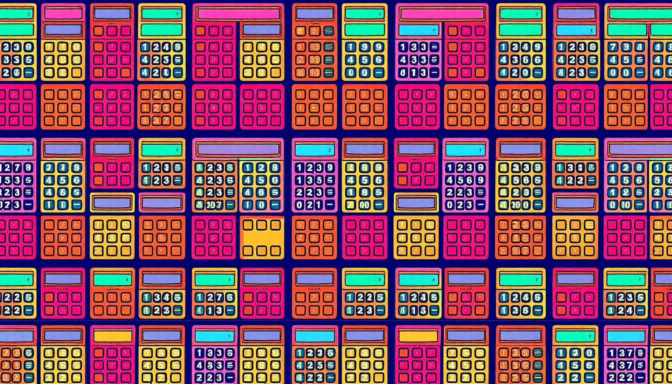 A bold, colorful silkscreen print featuring a repeated image of a calculator in neon shades of blue, green, and pink, with heavy black outlines, conceptually representing the excitement and energy of a high school math competition.