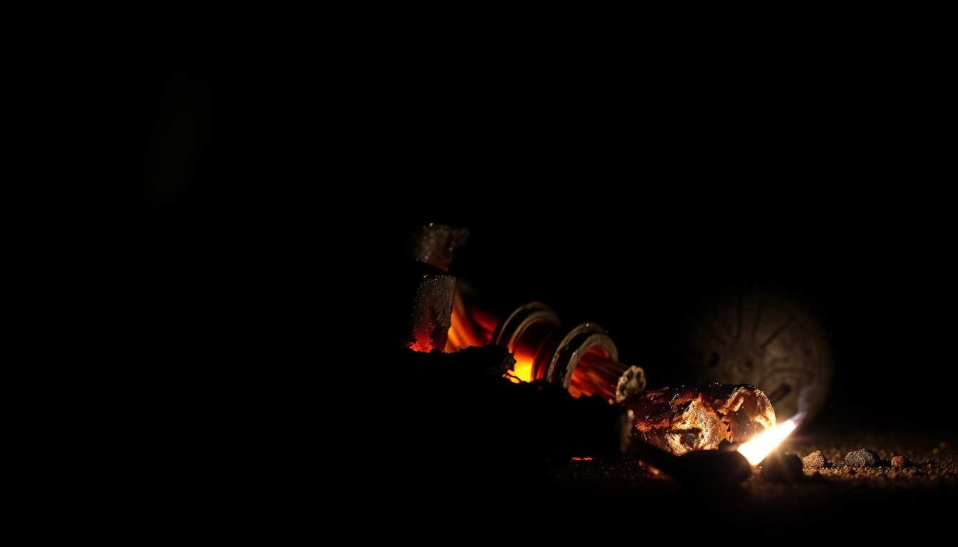 An extreme close-up photograph of a charred motorcycle part, capturing the gritty aftermath of a serious collision through dramatic lighting and stark composition.