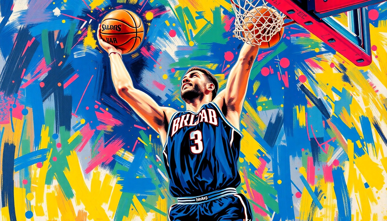 An abstract, expressionist painting featuring vibrant neon brushstrokes and shapes that capture the energy and movement of a basketball player dominating the glass and making plays on both ends of the court.