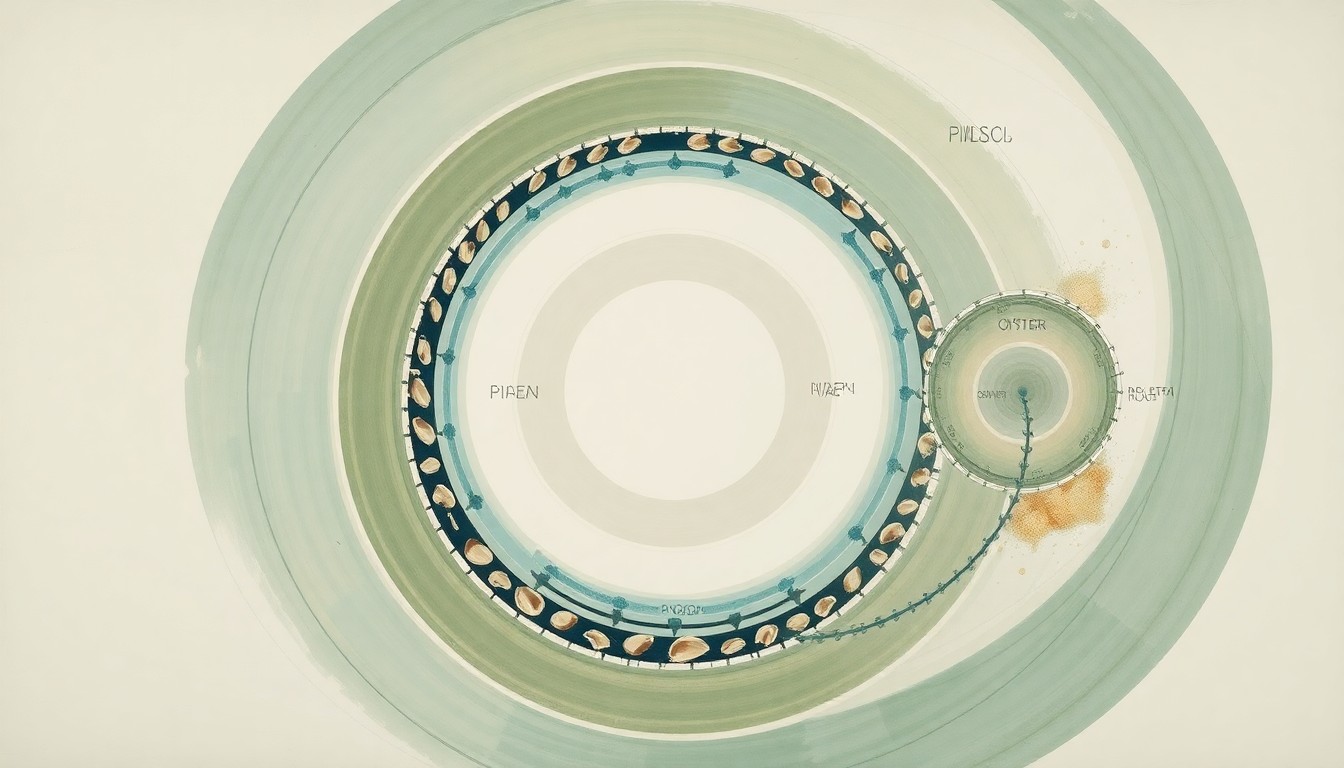 A bold, abstract painting in muted earth tones depicting a complex, interconnected system of geometric shapes and organic forms, conceptually representing the closed-loop life support technology of growing oysters to filter water and provide food for space exploration.