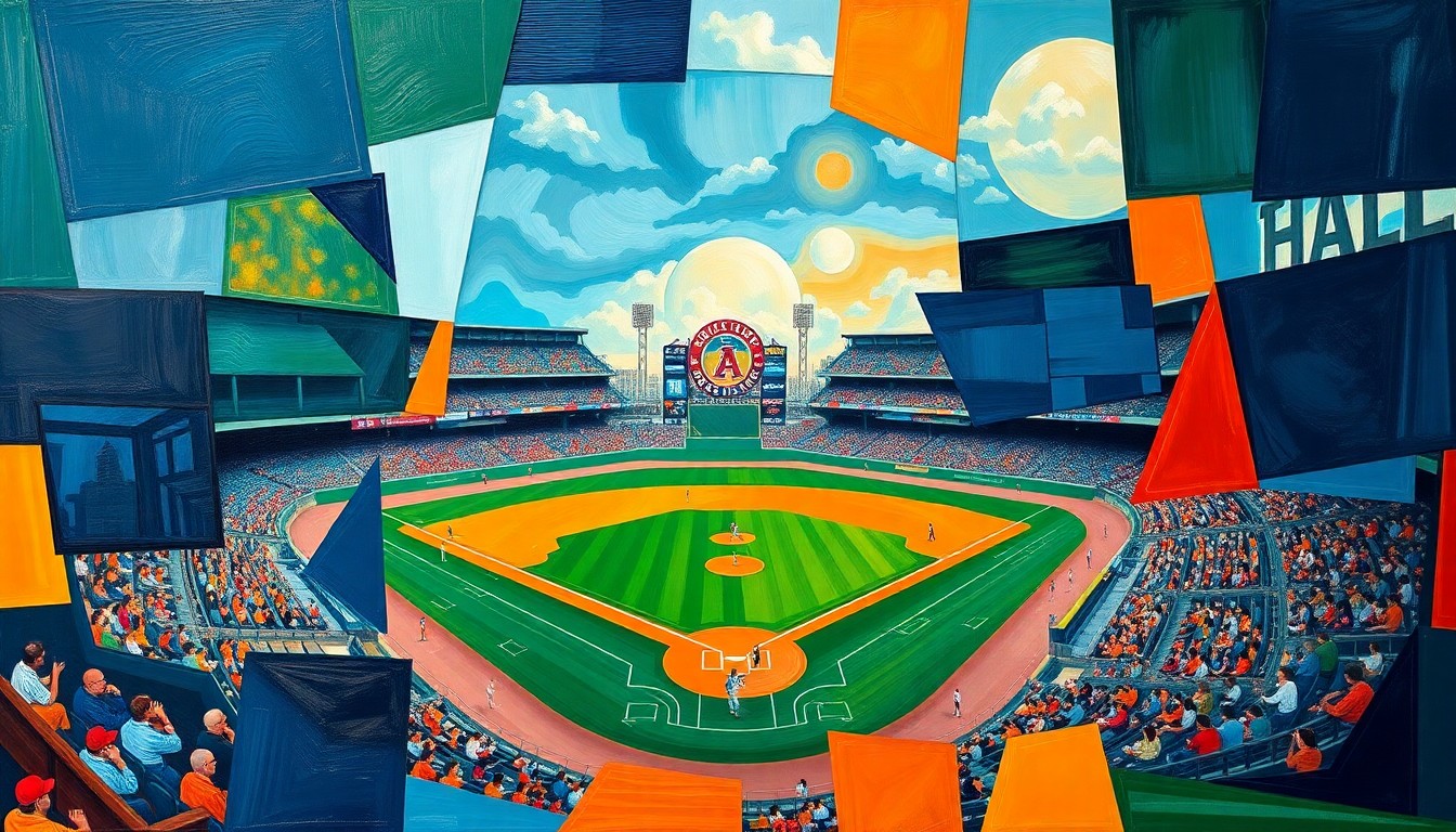 A cubist, geometric painting depicting a baseball game, with sharp overlapping planes of navy, green, and orange colors representing the players, field, and crowd.