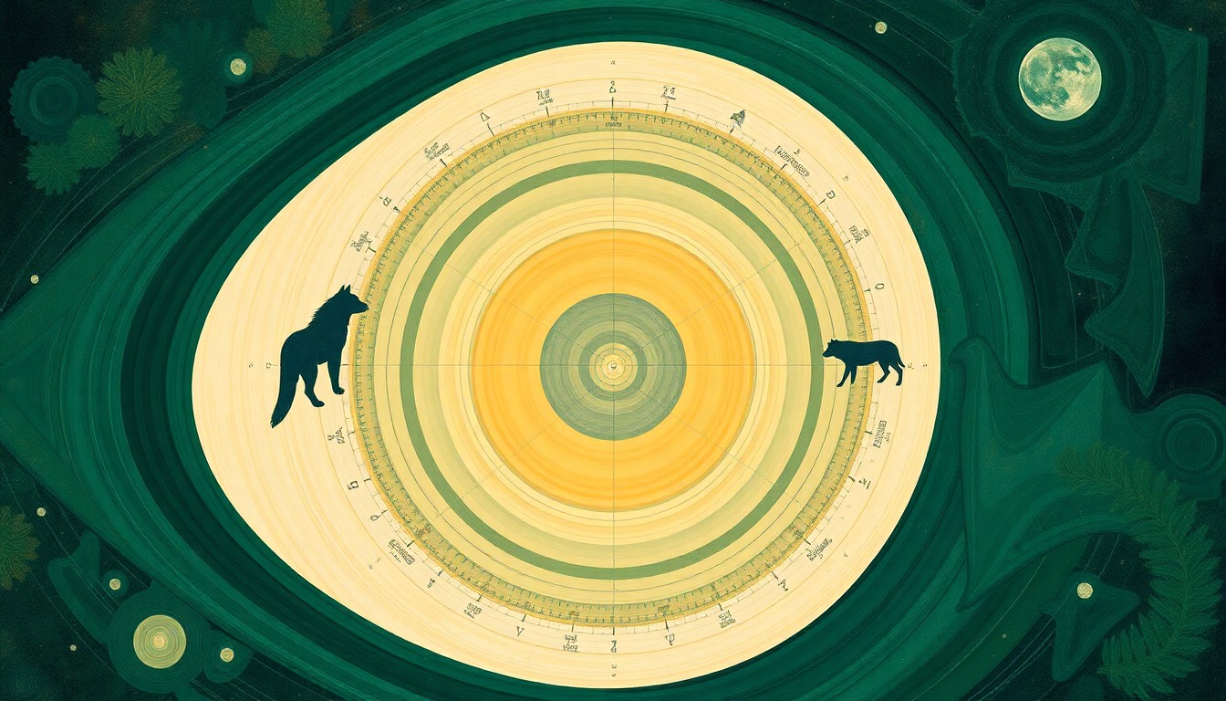 A bold, abstract painting in earthy tones of green, brown, and blue, featuring sweeping geometric arcs, concentric circles, and precise botanical spirals, conceptually representing the complex interconnectedness of mountain lions, wolves, and other wildlife in Yellowstone National Park.