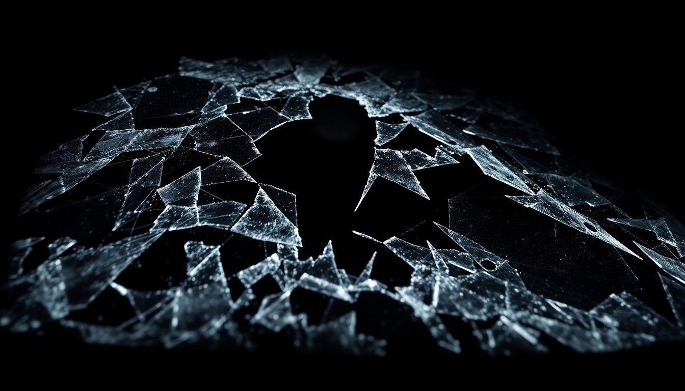 An extreme close-up photograph of shattered glass reflecting a faint red light, conceptually illustrating the aftermath of a police shooting incident.