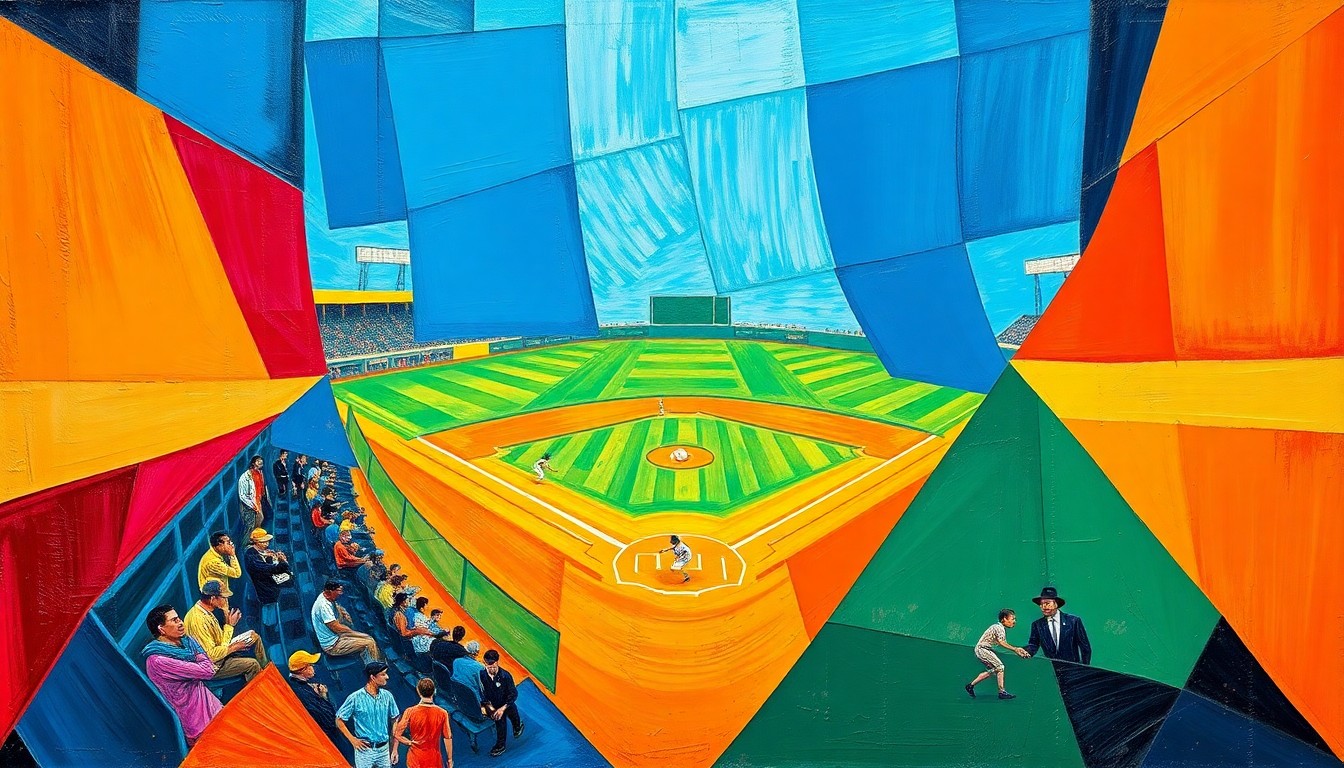 A cubist, geometric painting depicting a softball game, with overlapping shapes and planes in vibrant colors representing the dynamic action on the field.