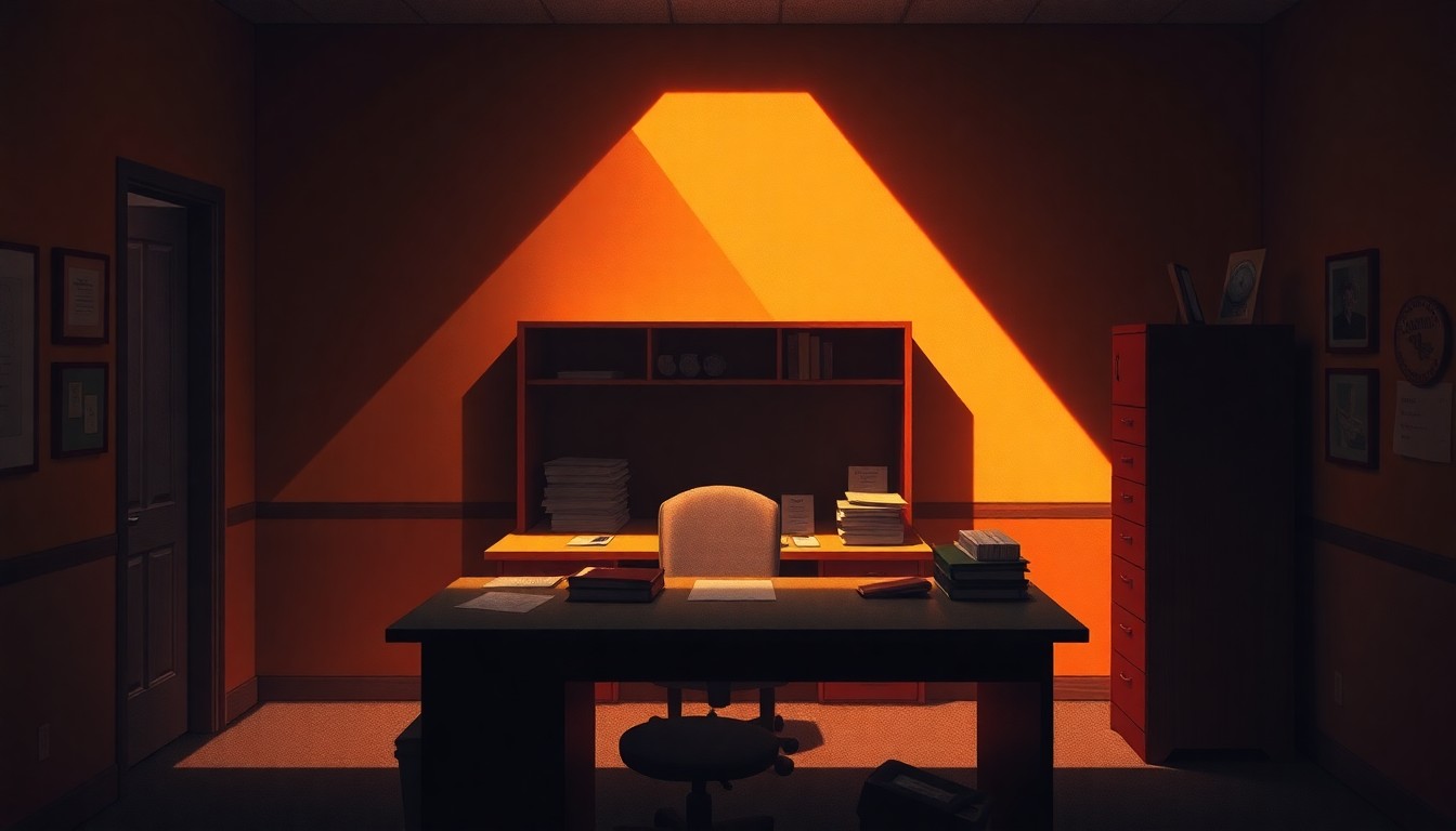 A dimly lit, cinematic painting of a county clerk's office desk, with a lone chair and scattered papers, bathed in warm, diagonal sunlight and deep shadows, conveying a sense of solitude and unease.
