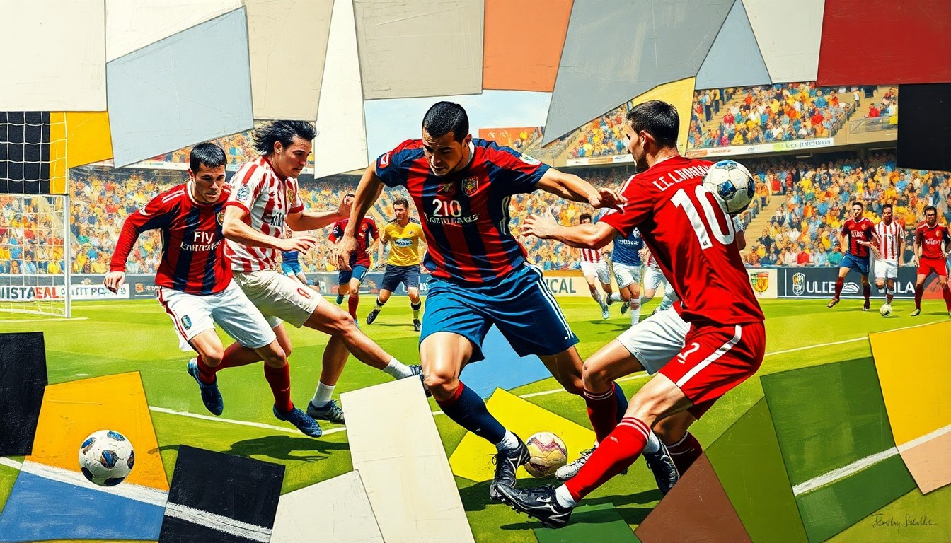 A fragmented, geometric painting in bold colors, depicting abstract forms that represent the blurred lines between sports, media, and personal lives.